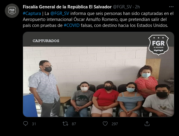 FGR captura a 6 personas con pruebas falsas COVID-19 El Salvador. Julio 2021