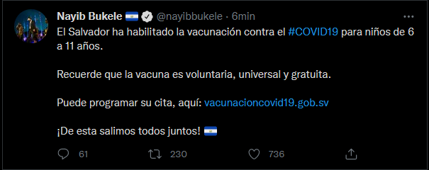 Habilitan vacunas para mayores de 6 años de edad en El Salvador.