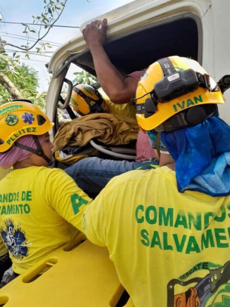 Ábol cae sobre un pick-up en Ciudad Arce una persona quedó atrapada al interior. Fue rescatada por Comandos de Salvamento.